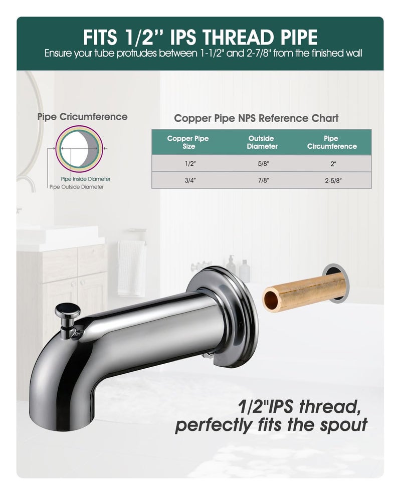 LOCALAND Slip-On Extra Long Tub Spout with Diverter, 1/2 Inch Slip Fit Connection,Chrome Plated - Image 4